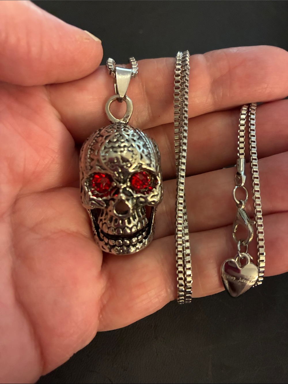 Silver Skull Pendant Necklace with Red Crystal Eyes - - Picture 6 of 7